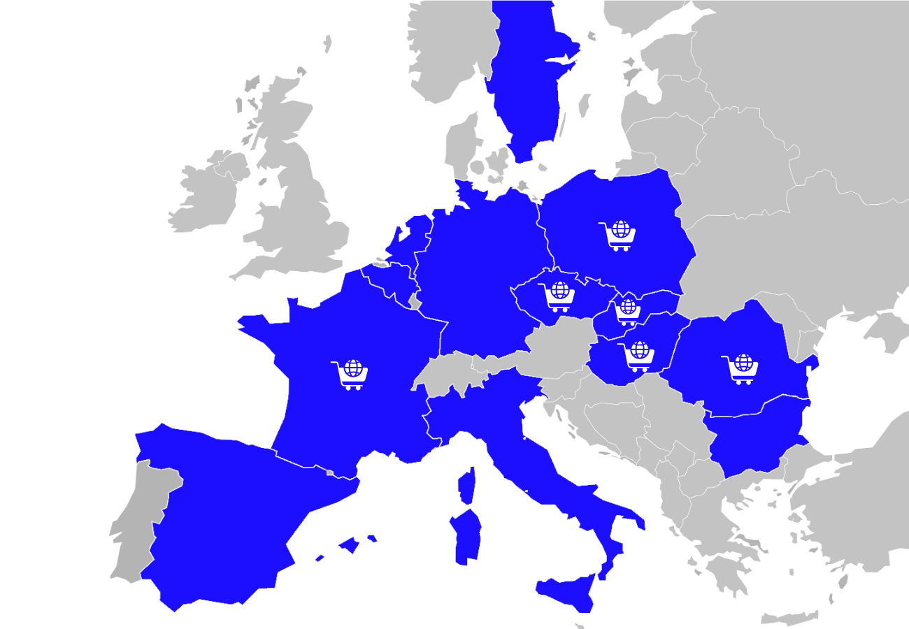 Carte des pays vers lesquels MM Gastro expédie ses produits et dans lesquels l’entreprise exploite des boutiques en ligne dédiées