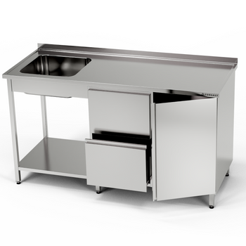 Table en acier inoxydable avec évier 1 bac, placard, bloc de tiroirs et étagère 170x70x85 cm | FORGAST