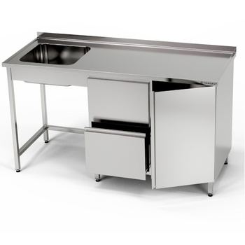 Table en acier inoxydable avec évier 1 cuve, placard et bloc de tiroirs 160x70x85 cm | FORGAST