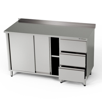 Table de travail en acier inoxydable avec armoire et bloc de 3 tiroirs 190x60x85 cm | FORGAST