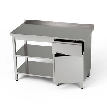 Table de travail en acier inoxydable avec armoire, tiroir et 2 étagères 100x70x85 cm | FORGAST