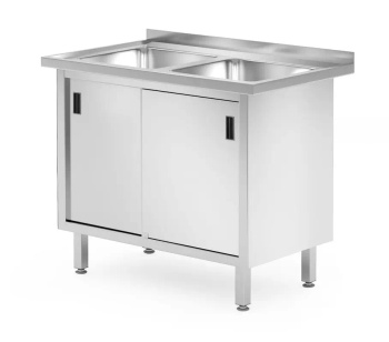Table avec évier à 2 bacs et armoire, 100x60x85 cm | HENDI 813690