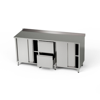 Table de travail en acier inoxydable avec 2 placards et un bloc de 2 tiroirs 210x60x85 cm | FORGAST