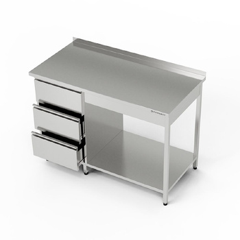Table de travail en acier inoxydable avec bloc de tiroirs et étagère 150x70x85 cm | FORGAST