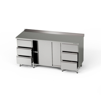 Table de travail en acier inoxydable avec armoire et 2 blocs de 3 tiroirs 270x70x85 cm | FORGAST