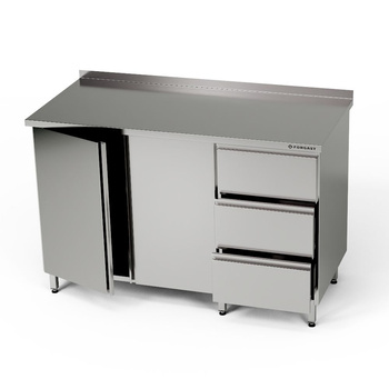Table de travail en acier inoxydable avec placard et bloc de 3 tiroirs 120x70x85 cm | FORGAST