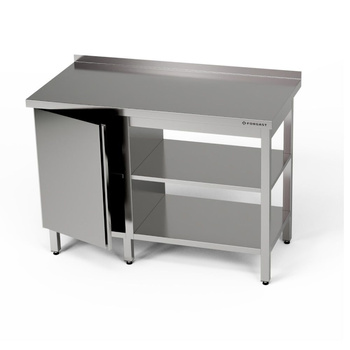 Table de travail en acier inoxydable avec placard et deux étagères 230x70x85 cm | FORGAST