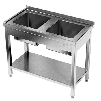 Table inox avec évier à 2 bacs et étagère 100x60x85 cm | FORGAST