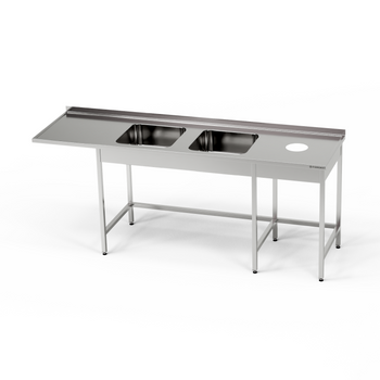 Table en acier inoxydable avec évier à 2 cuves, emplacement pour lave-vaisselle et ouverture pour déchets 280x70x85 cm | FORGAST