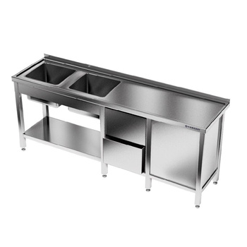 Table inox avec évier à 2 cuves 250x60x85 cm | FORGAST