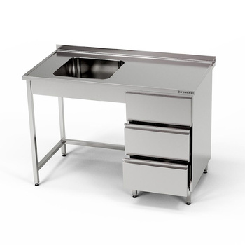 Table en acier inoxydable avec évier à 1 cuve et bloc de 3 tiroirs 130x70x85 cm | FORGAST