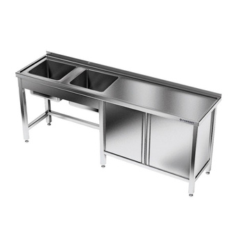 Table en acier inoxydable avec évier à 2 bacs 180x60x85 cm | FORGAST