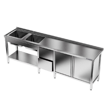Table en acier inoxydable avec évier à 2 bacs 280x70x85 cm | FORGAST