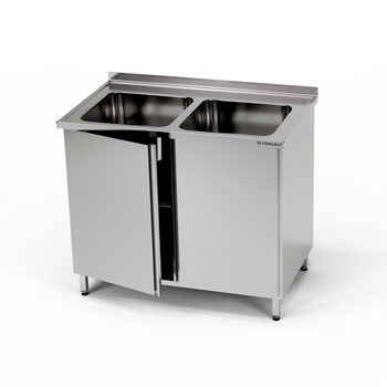 Table en acier inoxydable avec évier à 2 bacs et placard 120x60x85 cm | FORGAST
