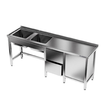 Table inox avec évier à 2 cuves 230x70x85 cm | FORGAST