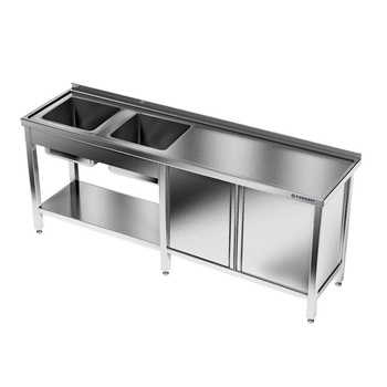 Table en acier inoxydable avec évier à 2 bacs 240x60x85 cm | FORGAST