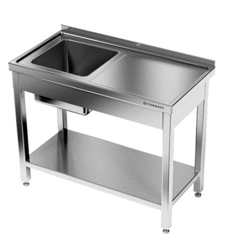 Table en acier inoxydable avec évier 1 bac et étagère 160x70x85 cm | FORGAST