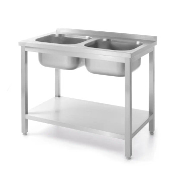 Table avec évier à 2 cuves et étagère, 100x60x85 cm | HENDI 817032