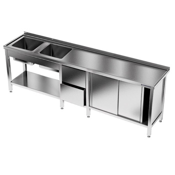 Table en acier inoxydable avec évier à 2 cuves 240x60x85 cm | FORGAST