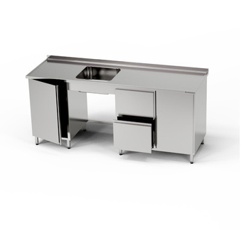 Table inox avec évier 1 bac, placard et bloc de tiroirs et placard 190x70x85 cm | FORGAST