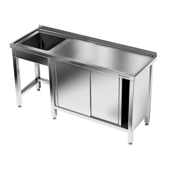 Table en acier inoxydable avec évier à 1 cuve et placard 150x60x85 cm | FORGAST