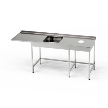 Table en acier inoxydable avec évier 1 bac, emplacement pour lave-vaisselle et trou pour déchets 260x60x85 cm | FORGAST