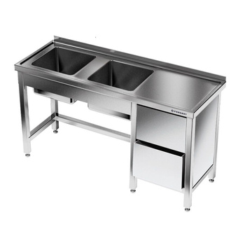 Table en acier inoxydable avec évier à 2 bacs 210x70x85 cm | FORGAST