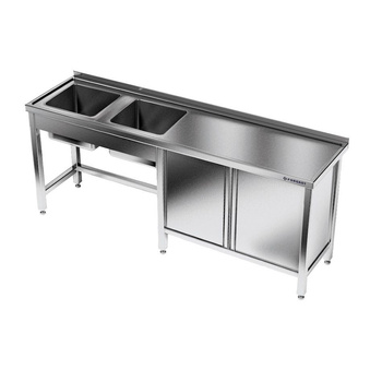 Table en acier inoxydable avec évier à 2 cuves 250x60x85 cm | FORGAST