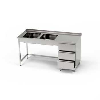 Table inox avec évier 2 bacs et bloc de 3 tiroirs 160x70x85 cm | FORGAST