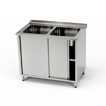 Table inox avec évier à 2 bacs et placard 180x60x85 cm | FORGAST