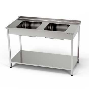 Table en acier inoxydable avec évier à 2 bacs et étagère 130x60x85 cm | FORGAST