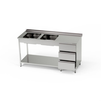 Table en acier inoxydable avec évier à 2 cuves et bloc de 3 tiroirs et étagère 160x70x85 cm | FORGAST