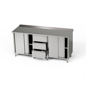 Table de travail en acier inoxydable avec 2 placards et un bloc de 3 tiroirs 220x70x85 cm | FORGAST