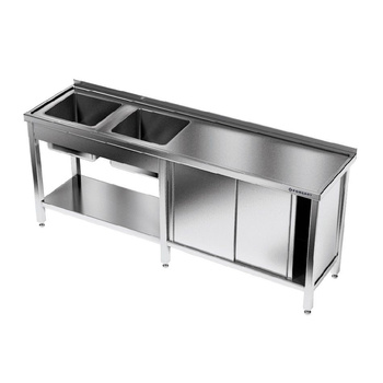 Table en acier inoxydable avec évier à 2 cuves 240x70x85 cm | FORGAST