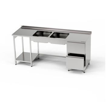 Table en acier inoxydable avec évier à 2 cuves et bloc de 2 tiroirs 250x60x85 cm | FORGAST