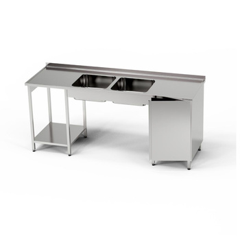 Table en acier inoxydable avec évier à 2 bacs et placard 190x60x85 cm | FORGAST