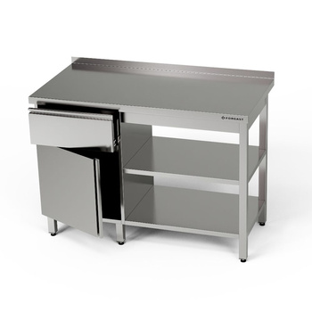 Table de travail en acier inoxydable avec placard, tiroir et 2 étagères 160x60x85 cm | FORGAST