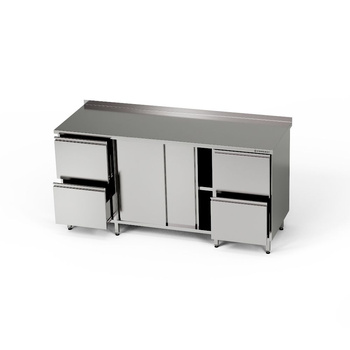 Table de travail inox avec placard et 2 blocs de 2 tiroirs 210x70x85 cm | FORGAST