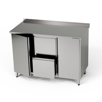 Table de travail en acier inoxydable avec 2 placards et un bloc de 2 tiroirs 160x60x85 cm | FORGAST