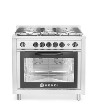 Cuisinière professionnelle à gaz à 5 brûleurs avec four électrique, 16,7 kW | HENDI 225707