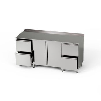 Table de travail en acier inoxydable avec placard et 2 blocs de 2 tiroirs 170x60x85 cm | FORGAST