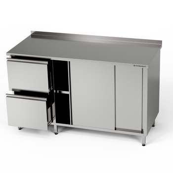 Table de travail en acier inoxydable avec armoire et bloc de tiroirs 270x70x85 cm | FORGAST