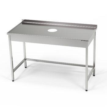 Table en acier inoxydable avec ouverture pour déchets, 160x60x85 cm | FORGAST  
Dimensions : 160 cm x 60 cm x 85 cm  
Piètement : acier inoxydable avec trou pour déchets.  
Usage principal : installations extérieures industrielles, stations de travail, la