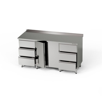Table de travail en acier inoxydable avec placard et 2 blocs de 3 tiroirs 200x70x85 cm | FORGAST