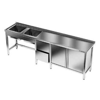 Table inox avec évier à 2 cuves 240x60x85 cm | FORGAST