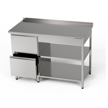 Table de travail en acier inoxydable avec bloc de tiroirs et deux étagères 140x60x85 cm | FORGAST