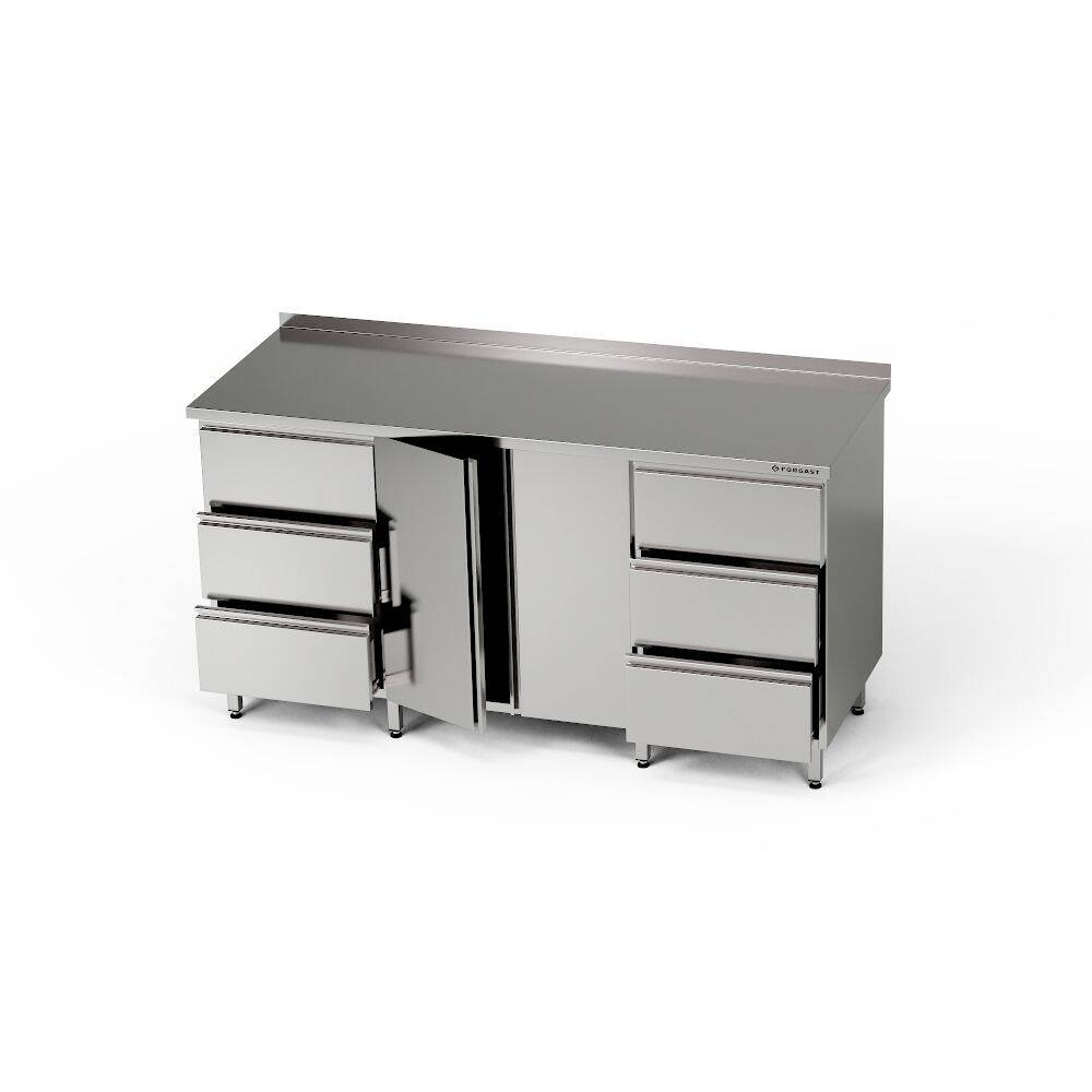 Table de travail inox avec armoire et 2 blocs de 3 tiroirs 180x60x85 cm | FORGAST