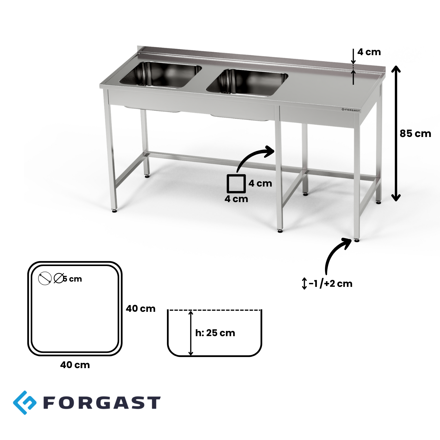 Table en acier inoxydable avec évier à 2 bacs 200x60x85 cm | FORGAST