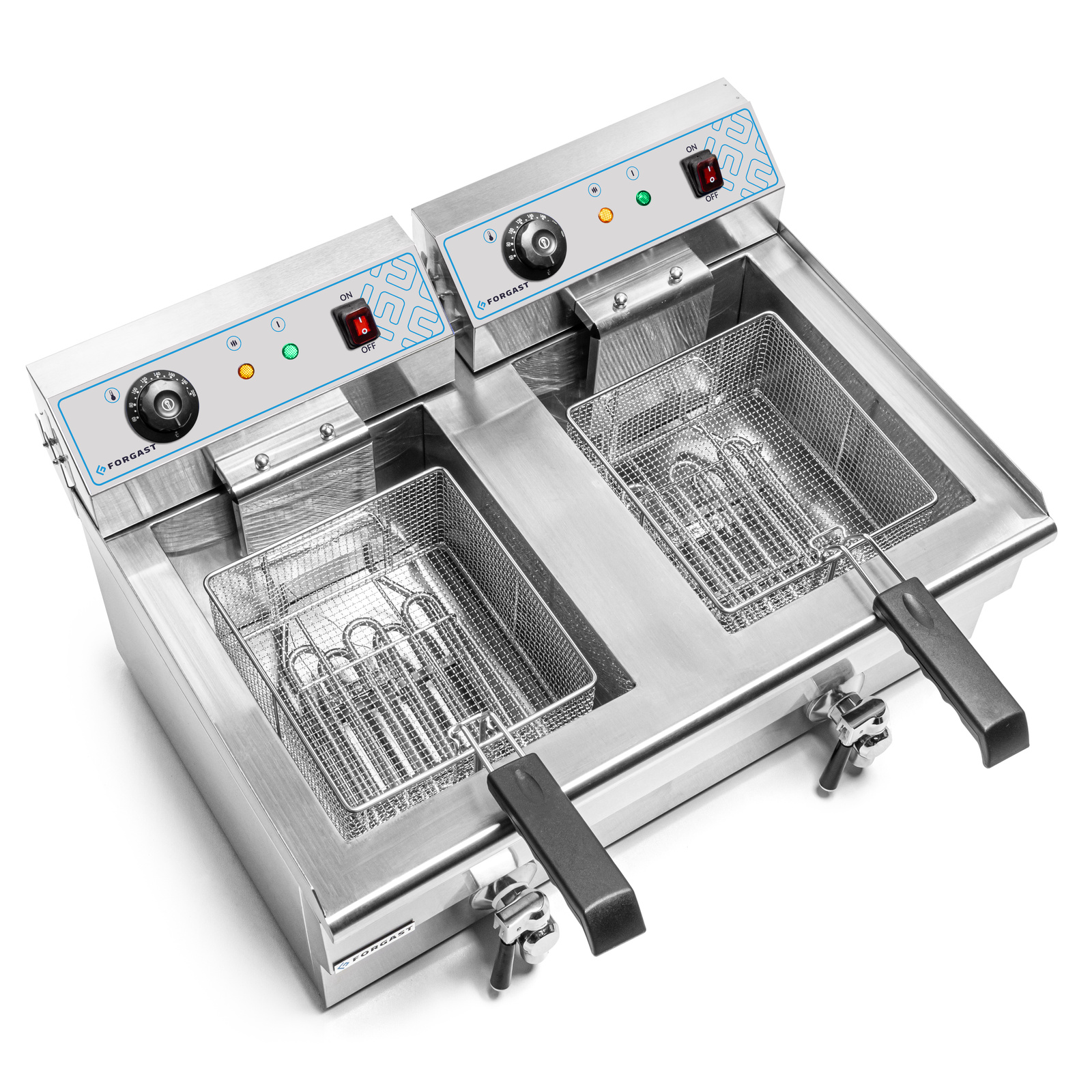 Friteuse électrique 2 cuves 2x16L avec robinet de vidange, zone froide, 10 kW, 230 V | FORGAST FG09016