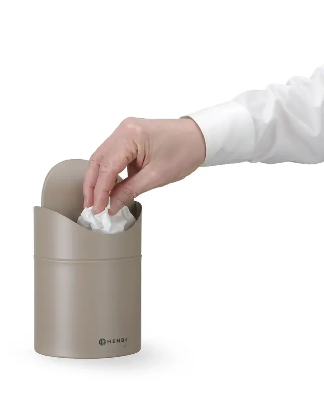 Poubelle de table avec couvercle basculant, 1,2 L, beige, Ø 12 x H 16,5 cm | HENDI 440797